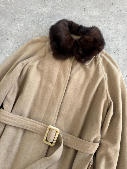 Vintage 1980s Wool Double Faced Fur Collar Belted Coat - S