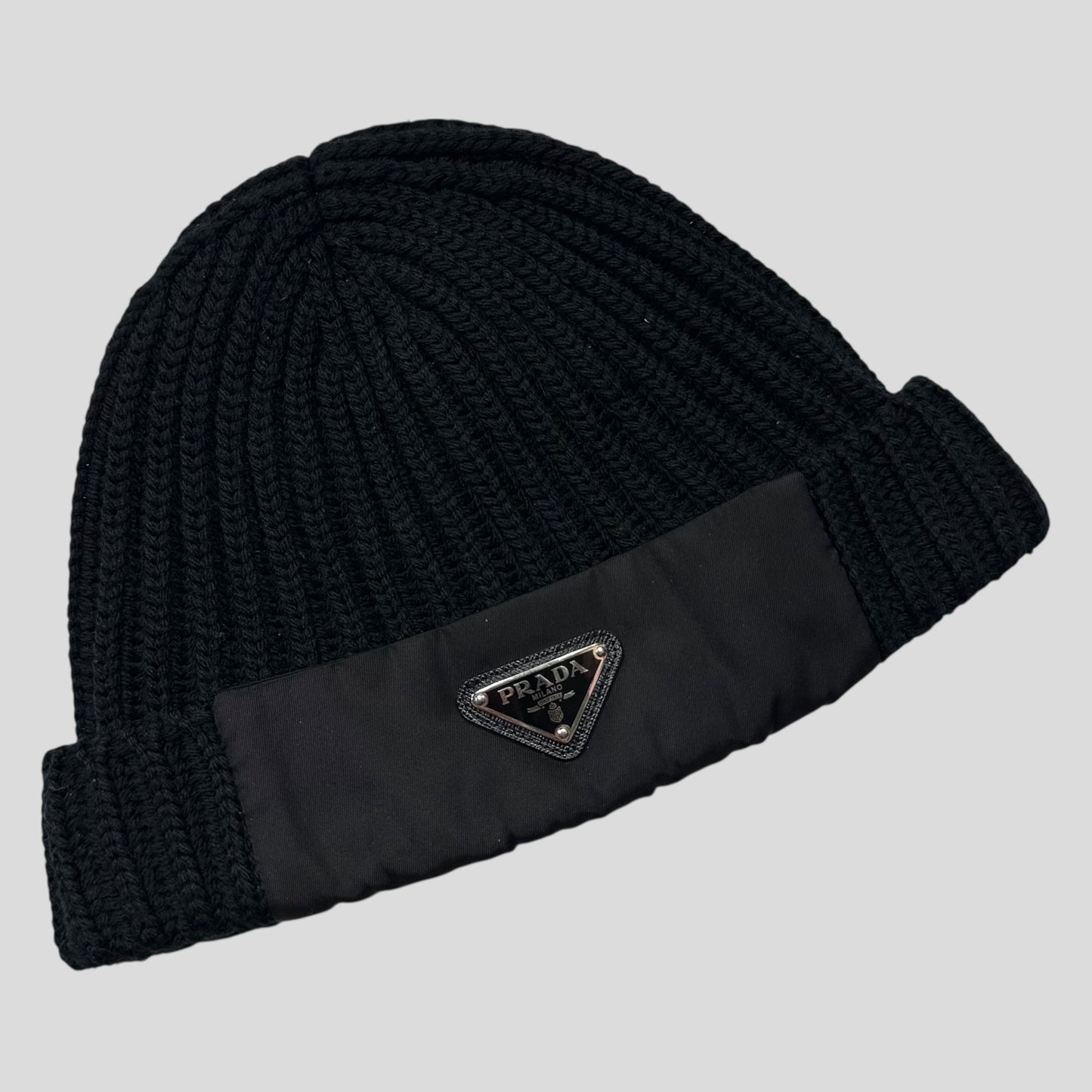 Prada 2020 Braided Virgin Wool + Re-nylon Plaque Logo Beanie - M