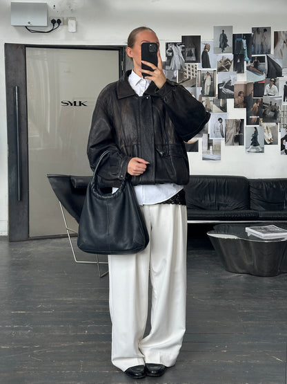 Vintage 1980s Aged Leather Bomber Jacket - XL