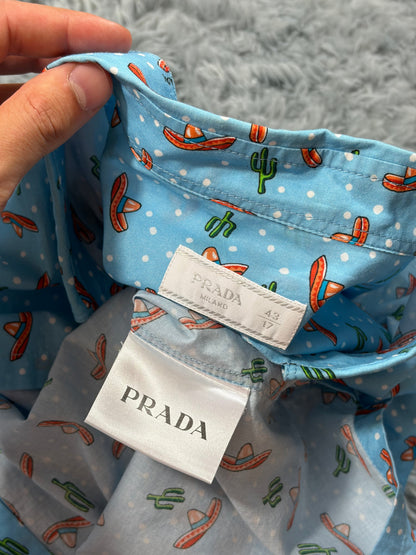 Prada 2016 Sombrero Cartoon Western Double Pocket Shirt - L | O/S, Blue