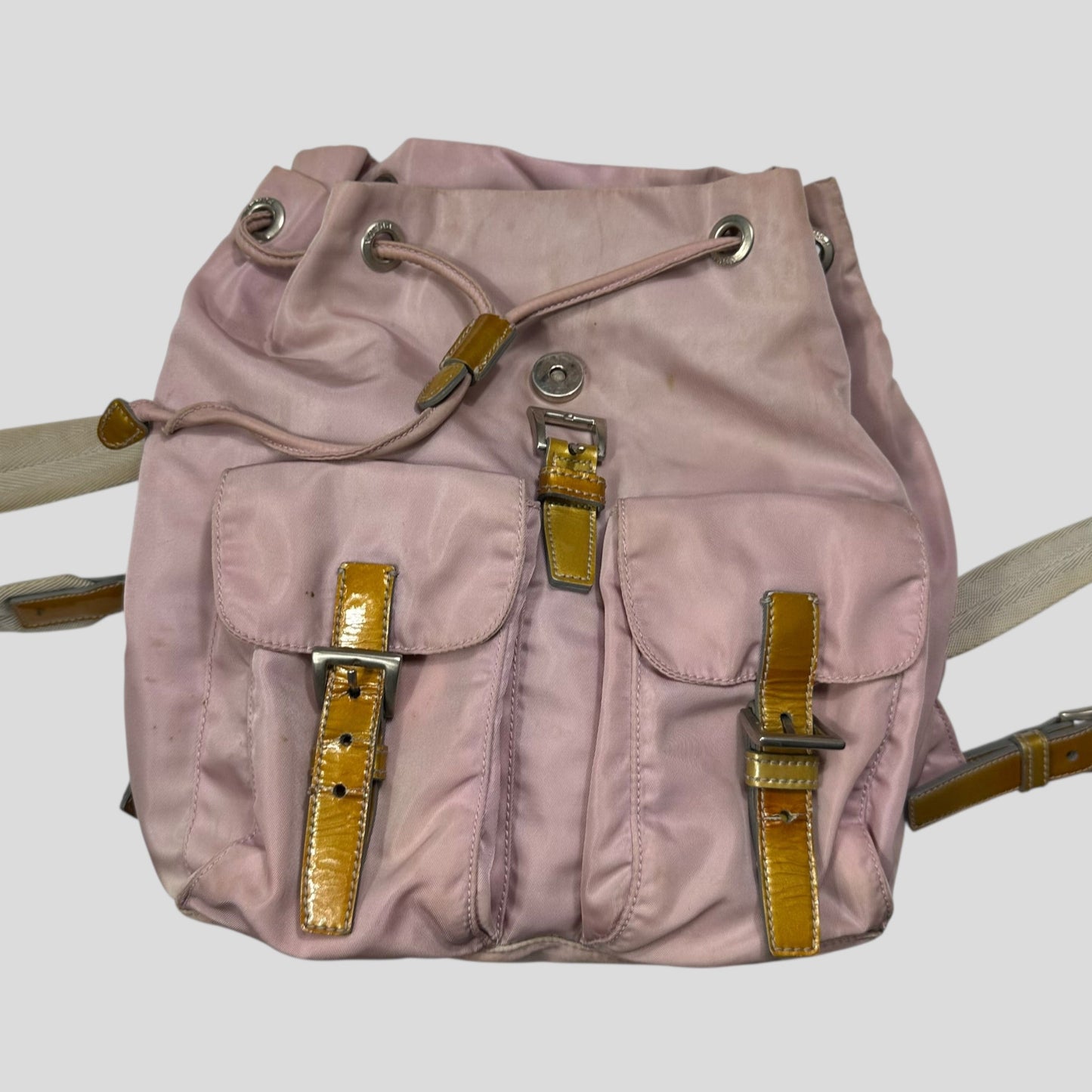 Prada Milano 00’s Triangle Plaque Logo Nylon Pink Backpack | O/S, Gold