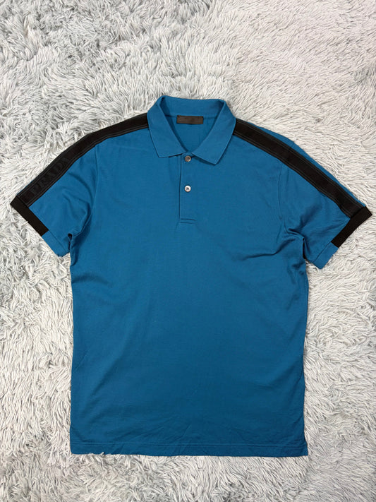 Prada 2020 Big Spellout Logo Teal Blue Taped Polo Shirt - M | O/S, Black