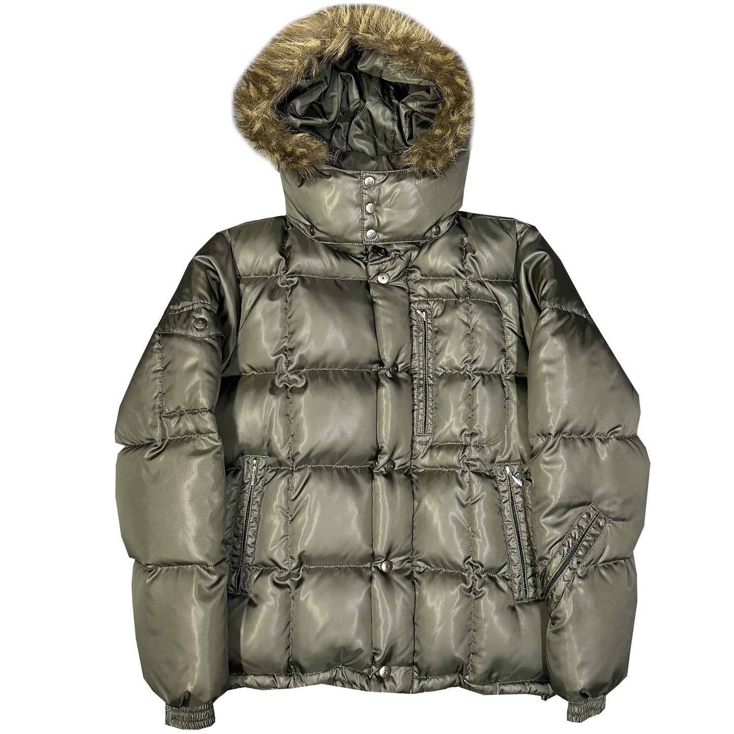 Takeo Kikuchi Puffer Jacket With Fur Hood In Olive Green ( L )