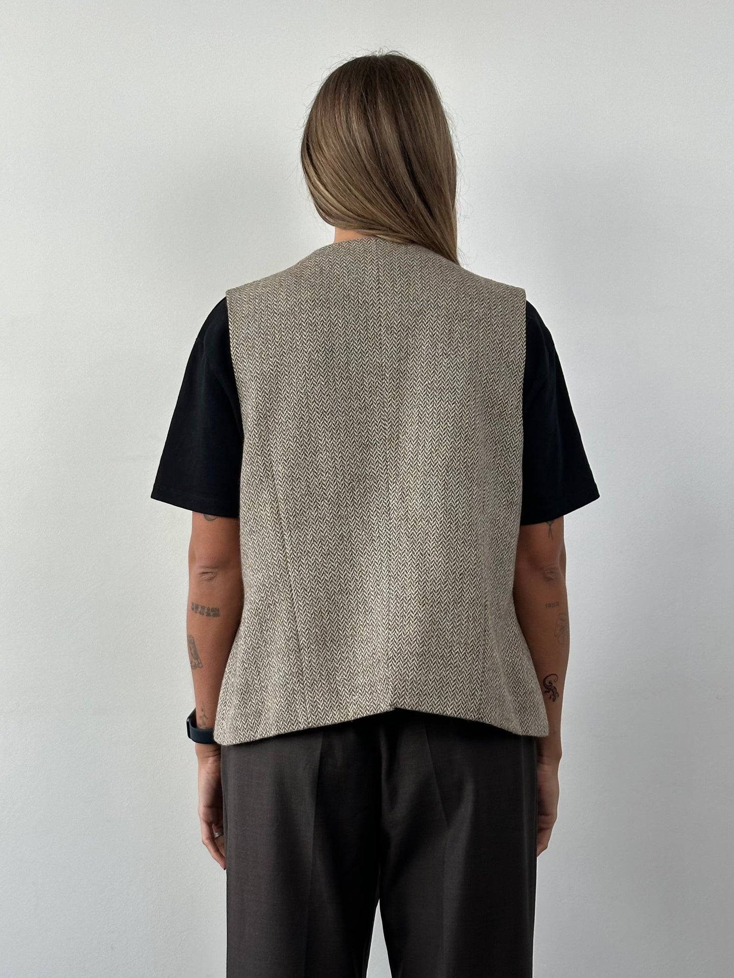 Vintage Virgin Wool Herringbone Waistcoat - XL