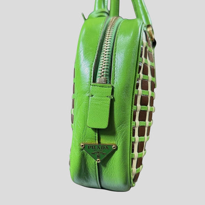 Prada 2001 Mini Top Handle Leather Woven Bag + Cards & Dustbag | O/S, Green