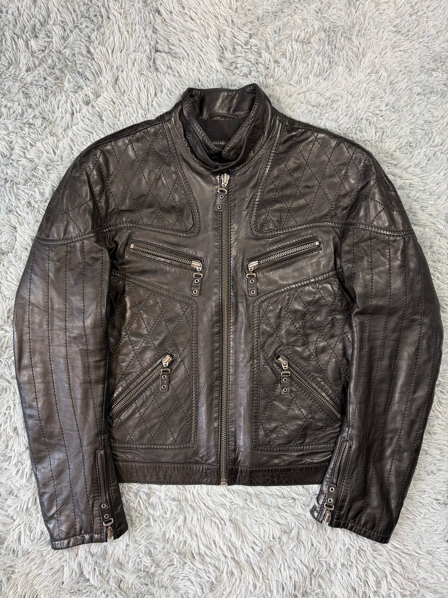 Just Cavalli SS08 Leather Quilted Multipocket Panelled Biker Jacket - L | O/S, Black