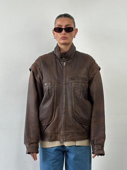 Vintage High Neck Aged Leather Bomber Jacket - L/XL