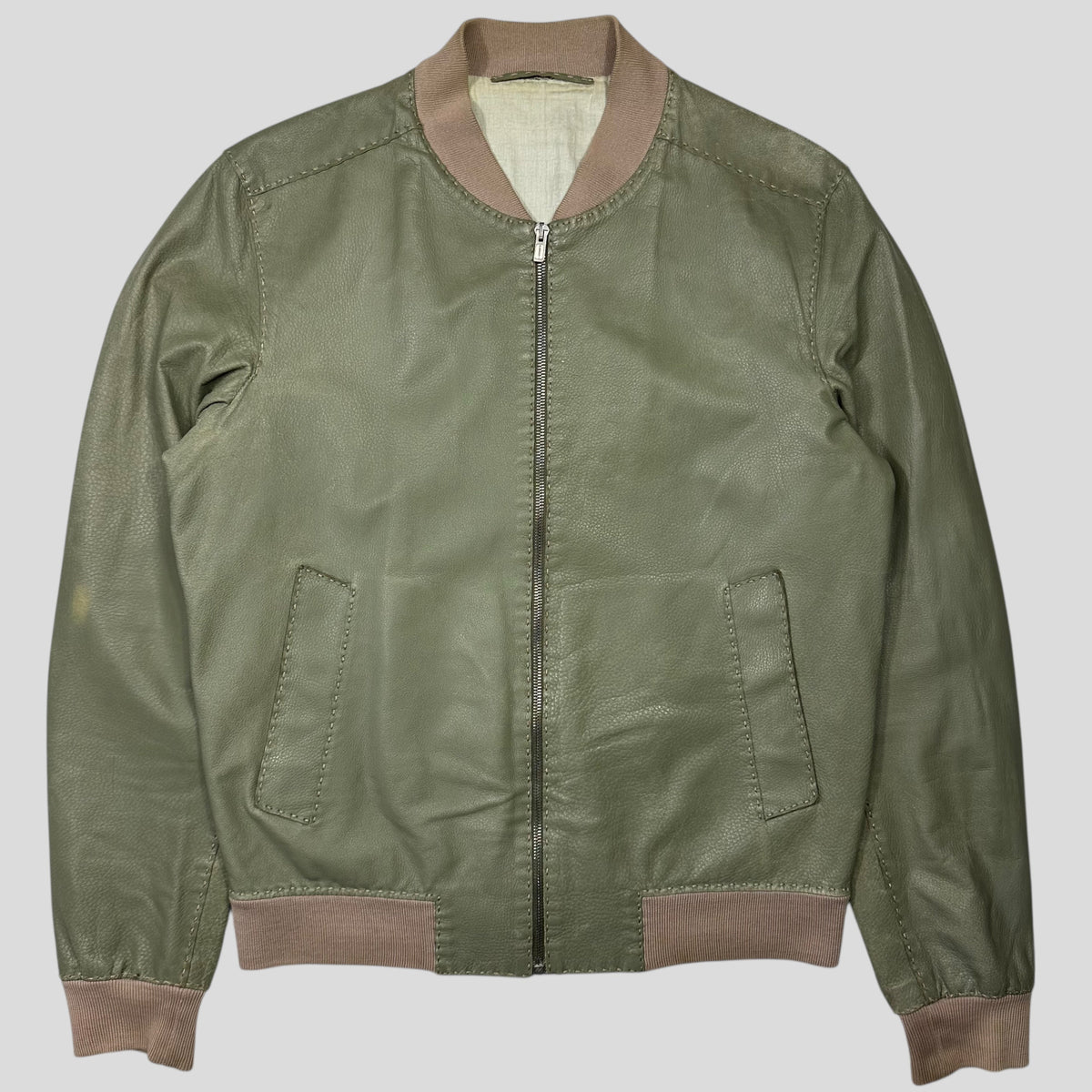 Fendi Avocado Green Lambskin Leather FF Zucca Bomber Jacket - IT46 (S/M) | Small