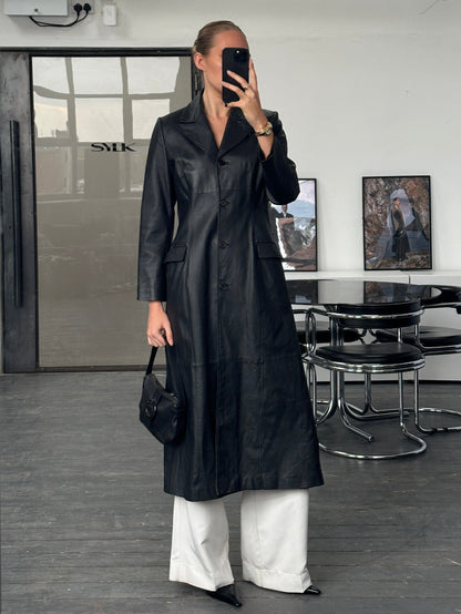 Vintage 1990s Floor Length Leather Trench Coat - S/M