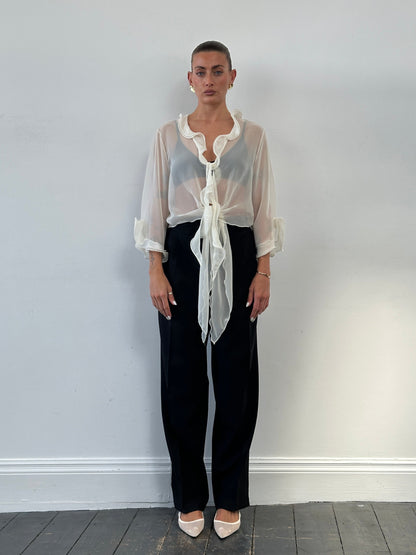 Italian Vintage Sheer Frill Tie Front Blouse - S-XL