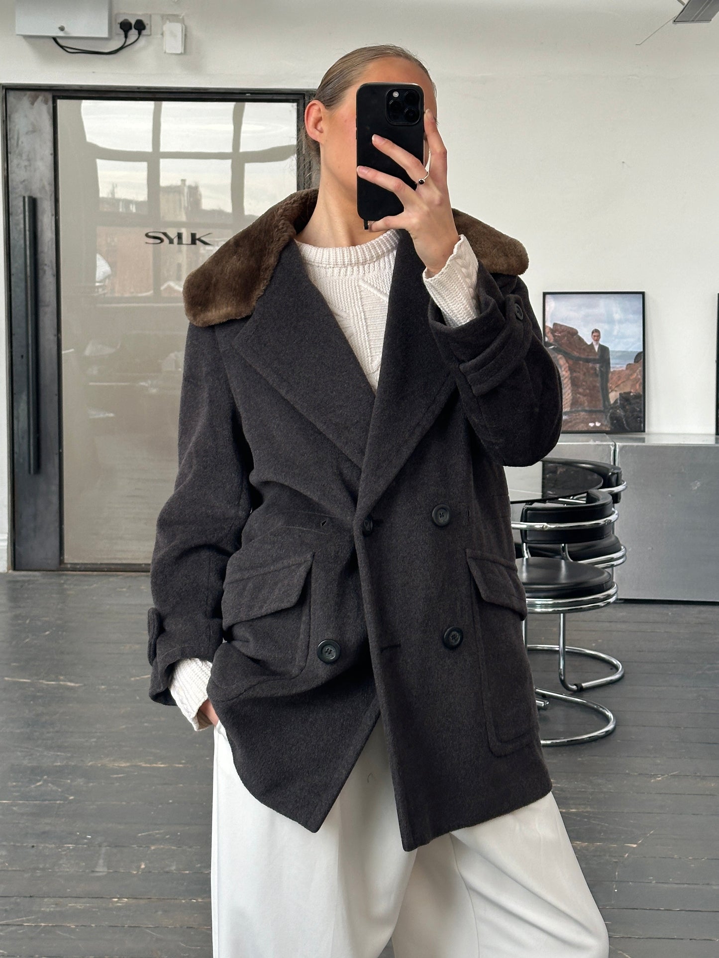 Max Mara 1990s Wool Cashmere Plush Fur Collar Coat - M/L