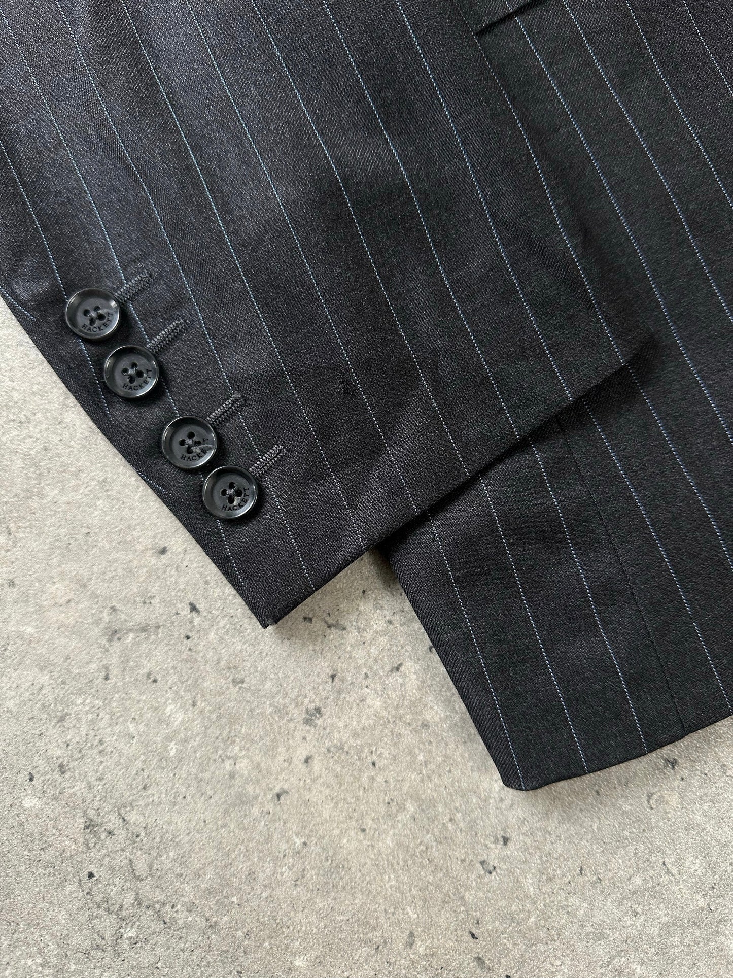 Loro Piana x Hackett 2000s pure wool striped blazer in size L, tailored fit with blue, gray, and white horizontal stripes.