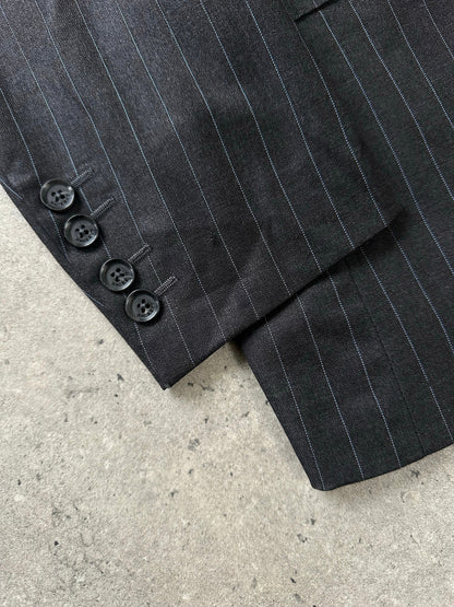 Loro Piana x Hackett 2000s pure wool striped blazer in size L, tailored fit with blue, gray, and white horizontal stripes.