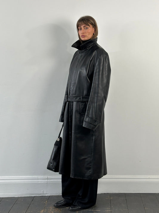 Conbipel 1990s Leather Belted Trench Coat - XL
