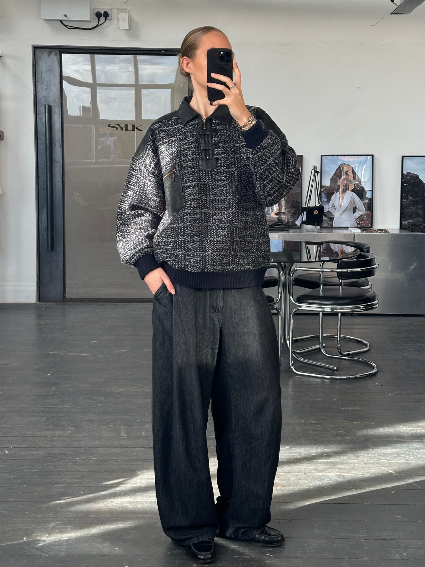 Vintage 1990s Textured Knitted Polo Jumper - L/XL