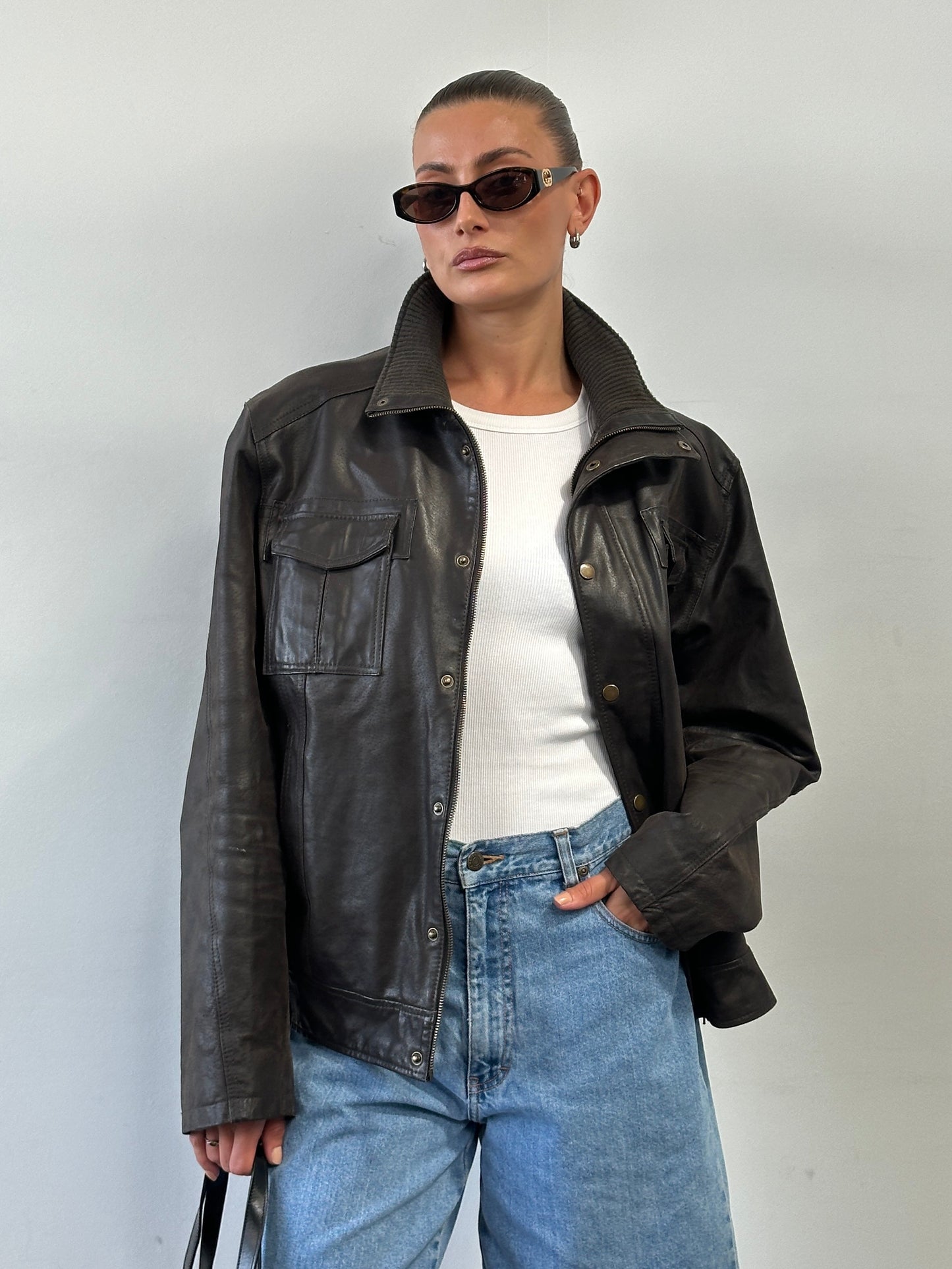 Vintage High Neck Leather Jacket - XL
