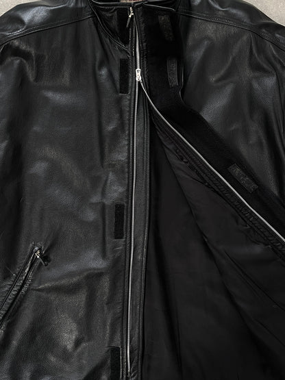 Armani Jeans 2000s High Neck Double Zip Leather Jacket - XXL