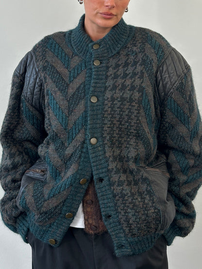 Vintage 1990s Wool Print Knit Bomber Jacket - XL