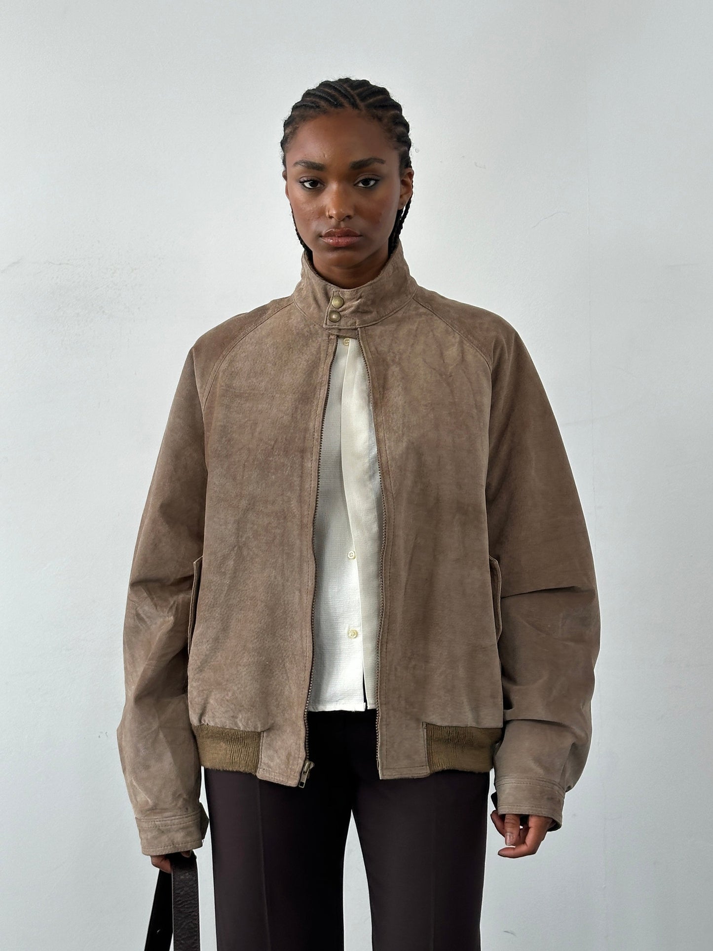 Vintage 1990s High Neck Suede Bomber Jacket - XL