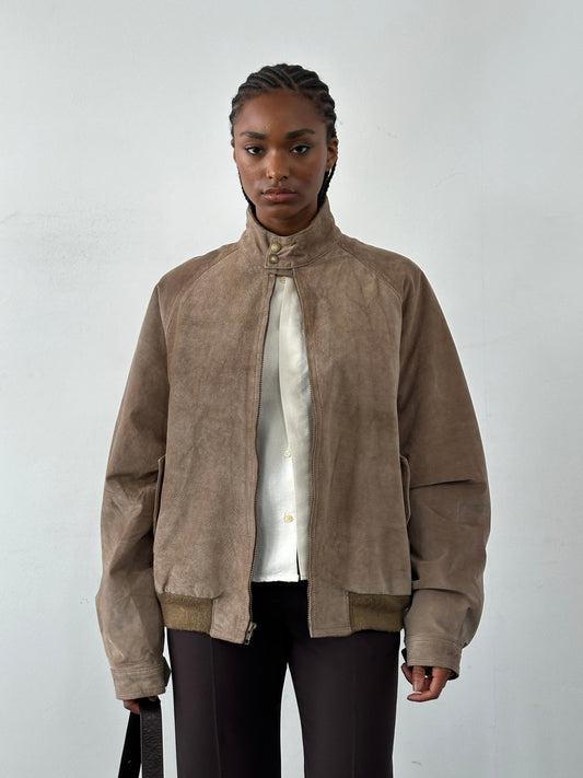 Vintage 1990s High Neck Suede Bomber Jacket - XL