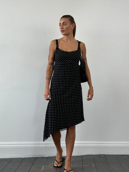 Max Mara Pianoforte 1990s Pure Silk Polkadot Asymmetric Midi Dress - S/M