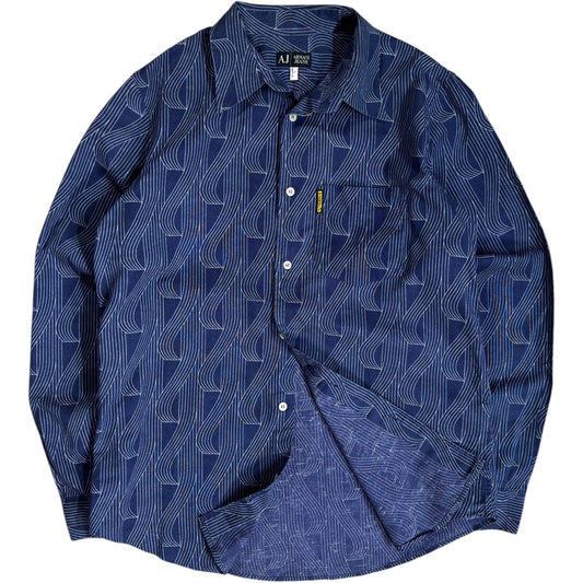 Armani Jeans 00's Patterned Linen Shirt L | Large, Blue
