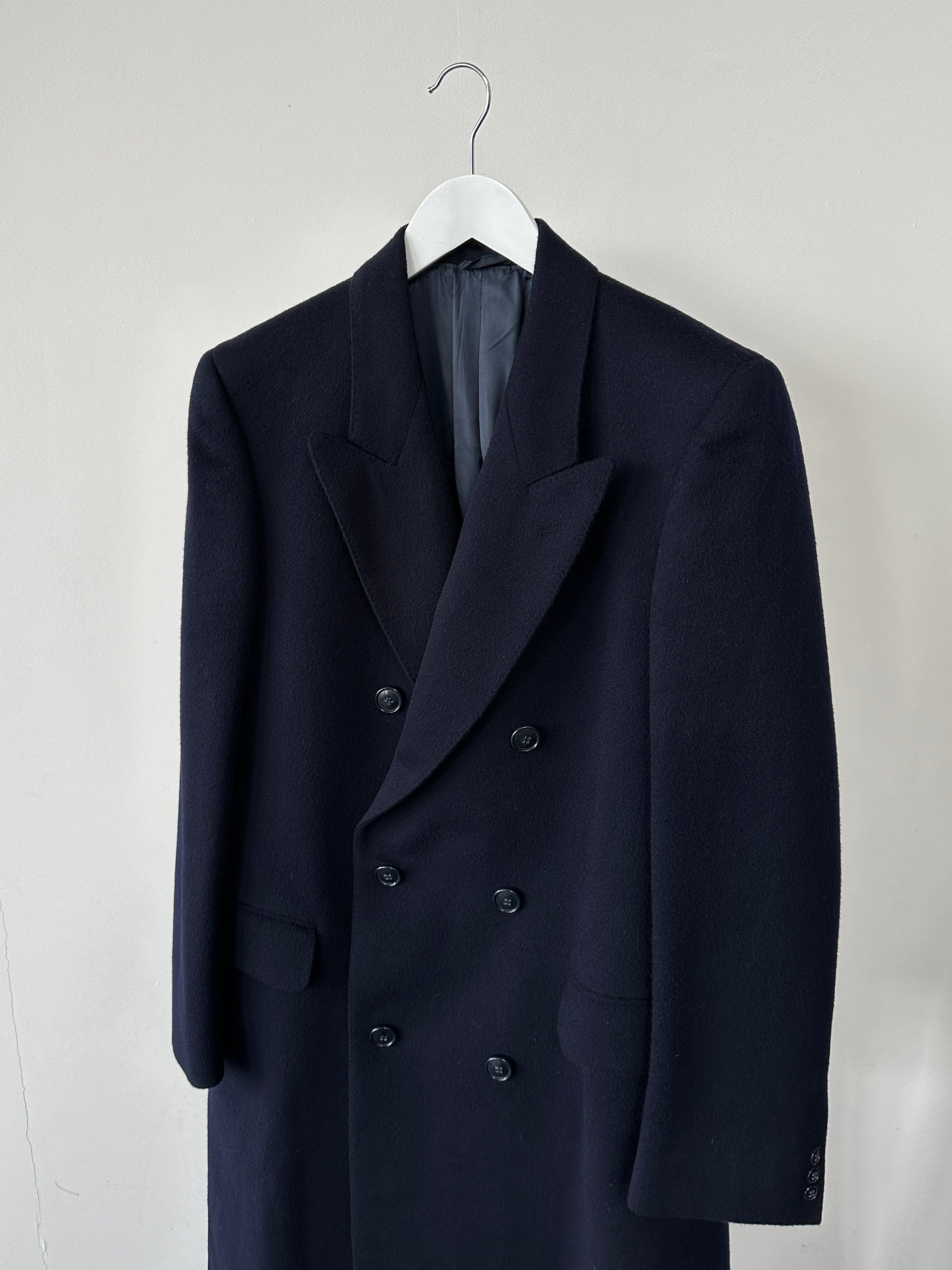 Giorgio Armani men's double-breasted wool coat in size L, stylish and tailored with classic lapels and button details.