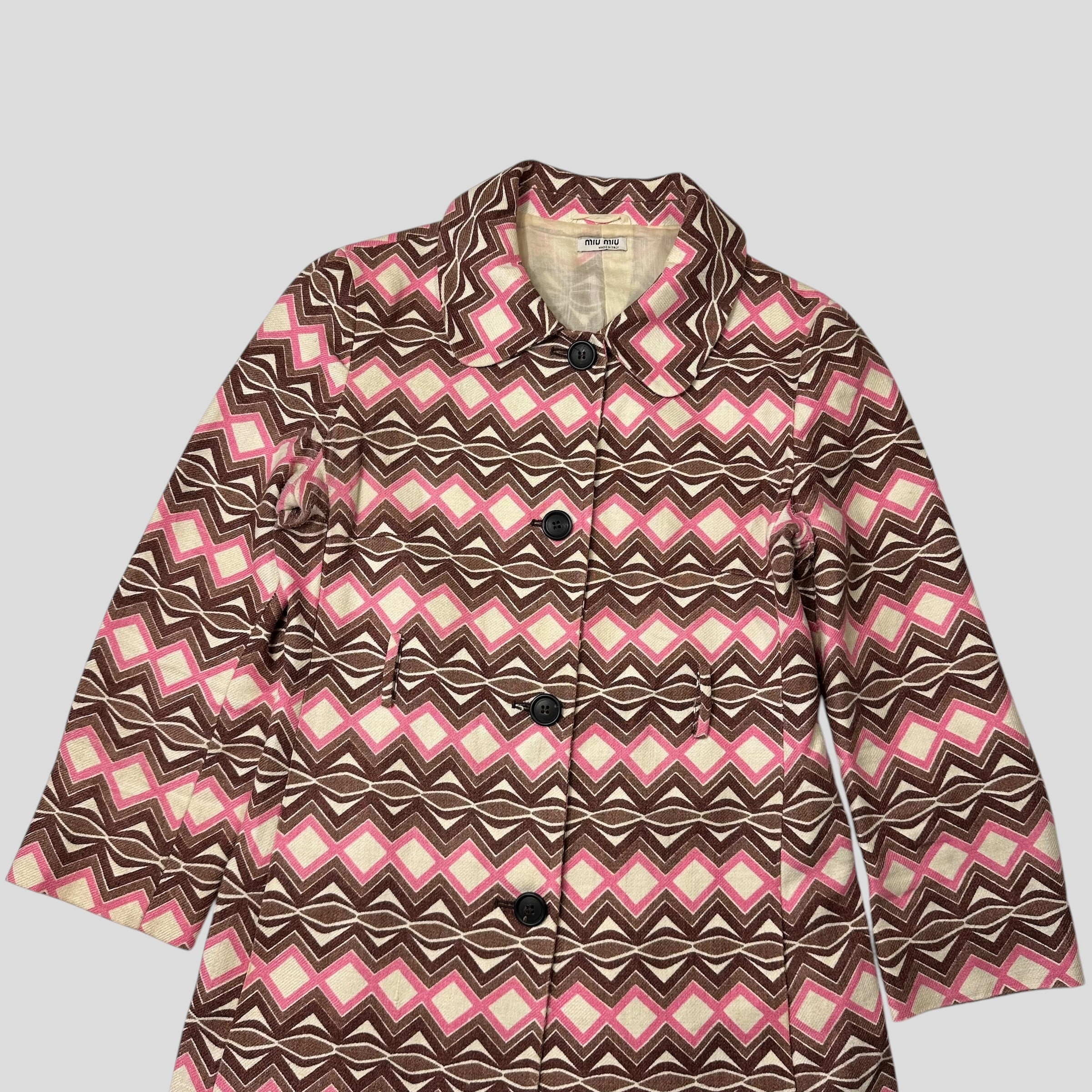 Miu Miu 00's Aztec Pattern Silk & Wool Overcoat - IT42 – Known Source