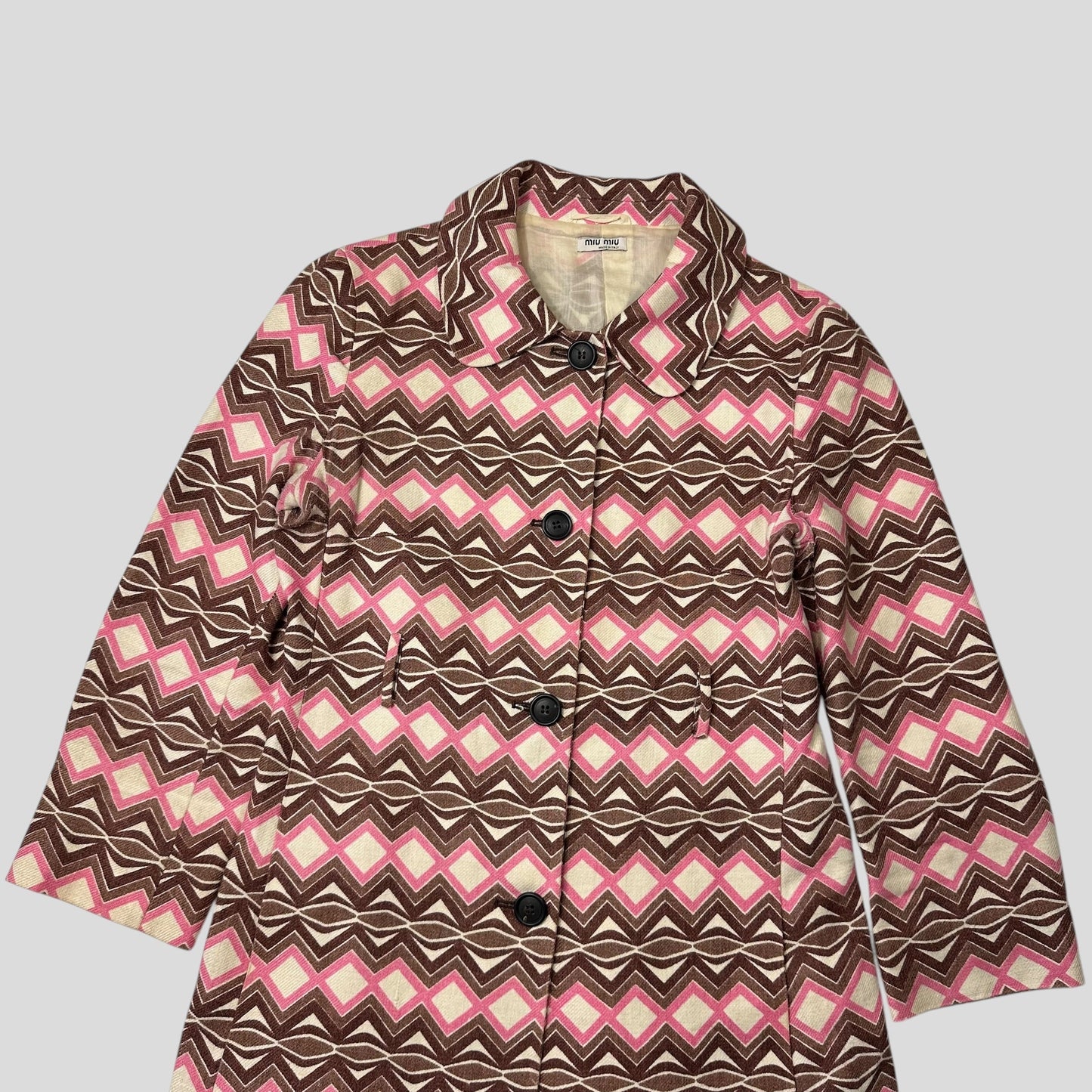 Miu Miu 00’s Aztec Pattern Silk & Wool Overcoat - IT42 | Default Title, Pink