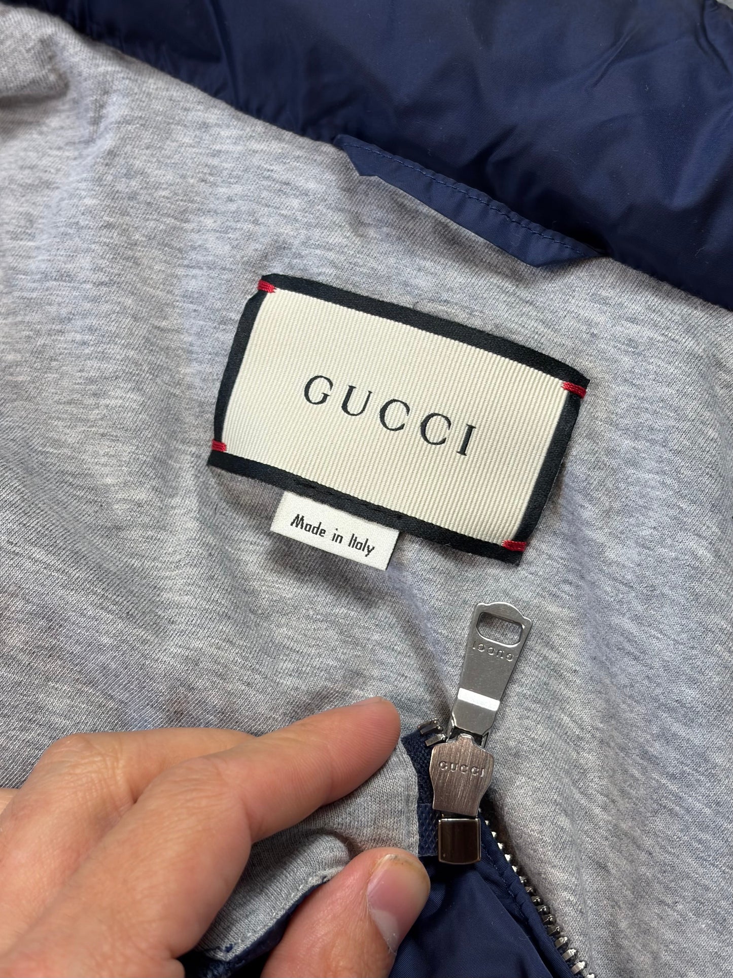 Gucci 2017 Metallic Blue Leather Crest Logo Nylon Jacket - M | O/S, Blue