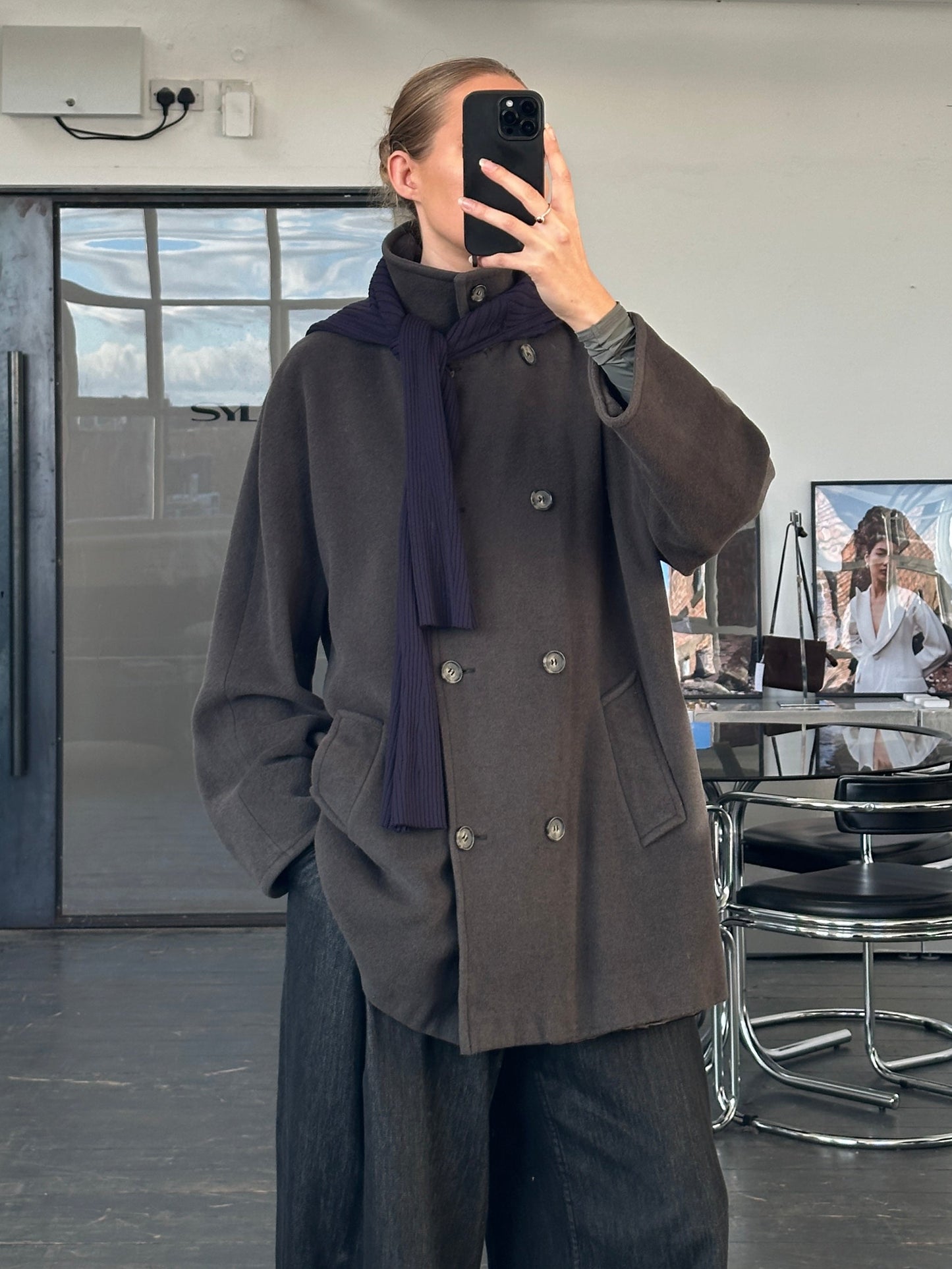 Marella 1990s-style double-breasted virgin wool coat in size L/XL, featuring classic design and tailored fit.