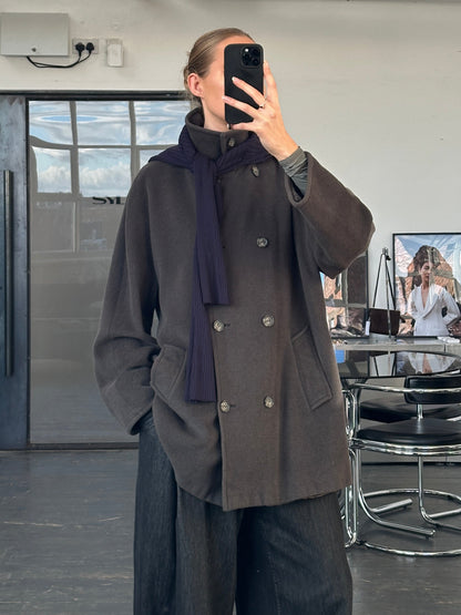 Marella 1990s-style double-breasted virgin wool coat in size L/XL, featuring classic design and tailored fit.