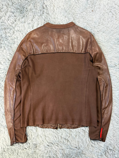 Prada Sport 2004 Brown Leather + Cotton Panelled Biker Jacket - L | O/S, Brown