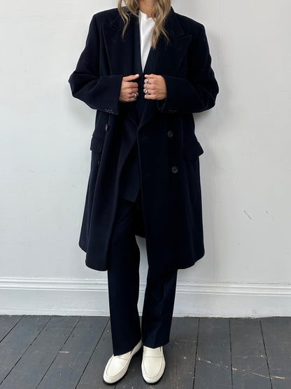 Giorgio Armani pure wool double-breasted coat in size L, shown in a classic style with a tailored fit and lapel collar.