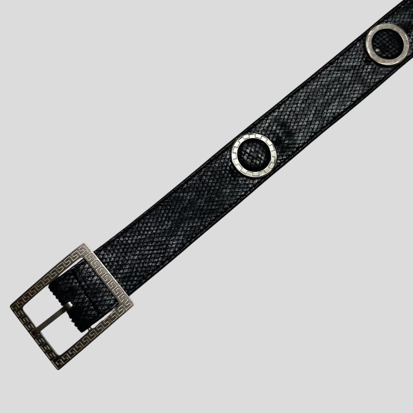 Gianni Versace 90’s Snakeskin Leather Greek Key Belt | O/S, Black