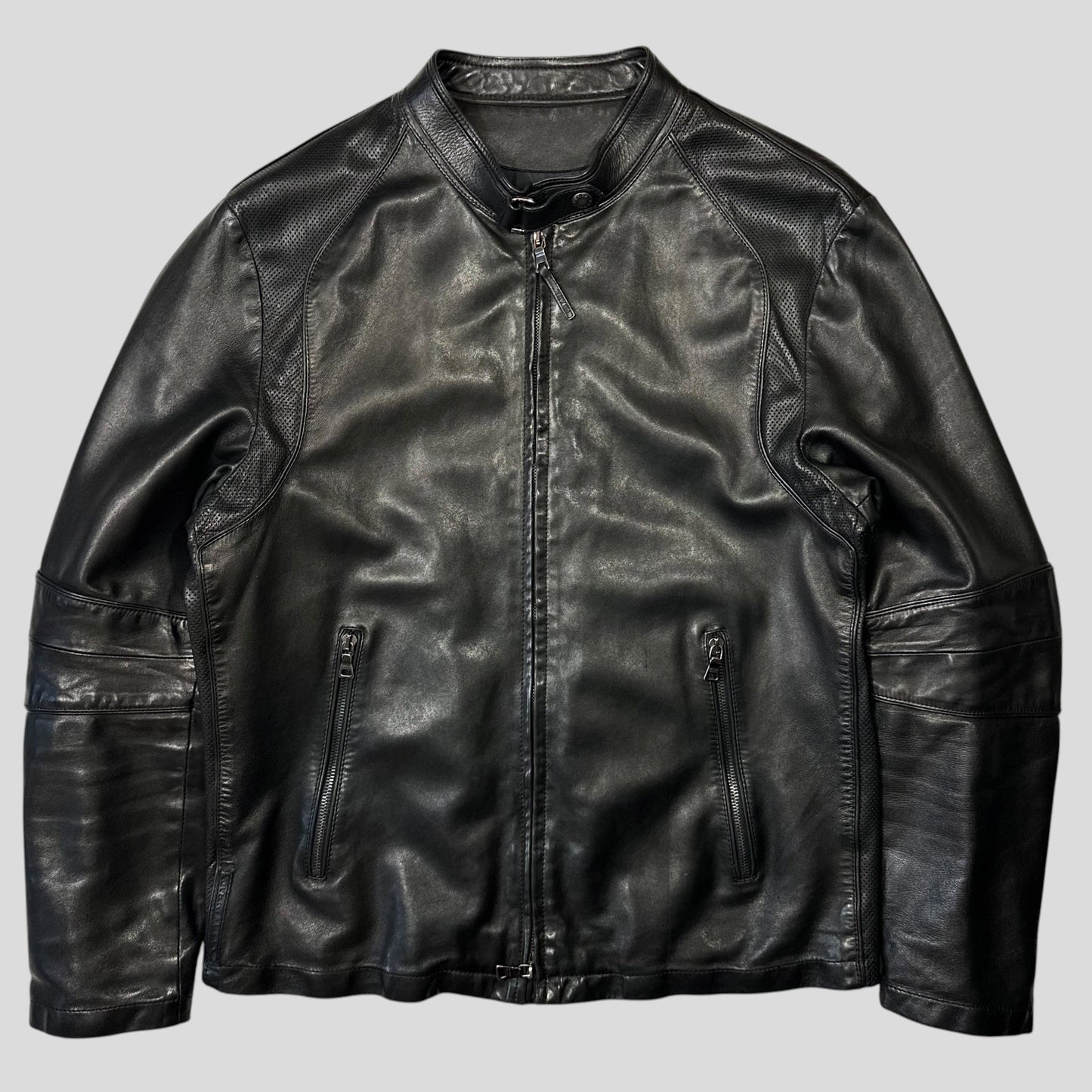 Prada Sport 2006 Leather Perforated Café Racer Logo Jacket - M | Default Title, Black