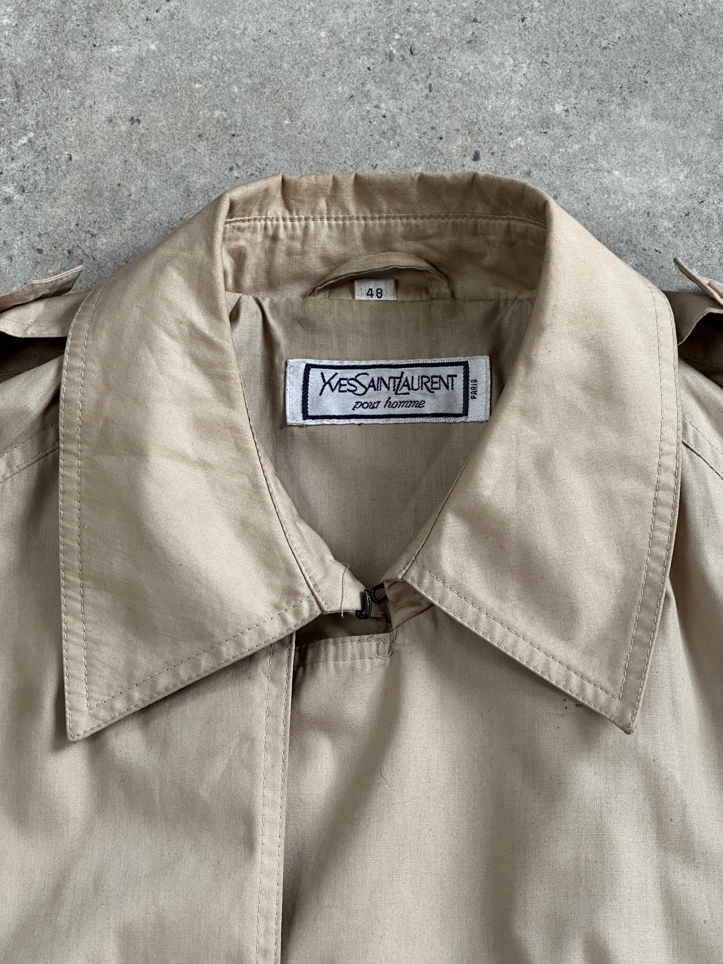 Yves Saint Laurent Pour Homme 1980s Cotton Double Breasted Belted Trench Coat - XL