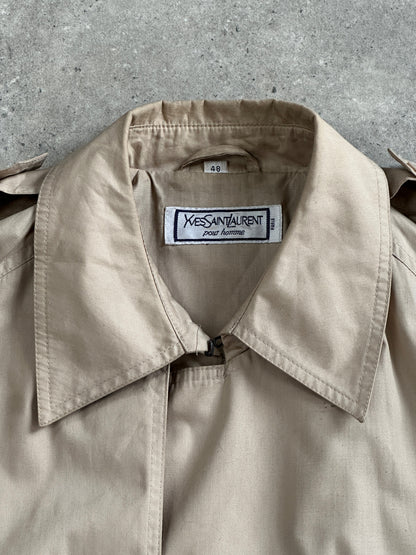 Yves Saint Laurent Pour Homme 1980s Cotton Double Breasted Belted Trench Coat - XL