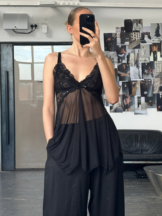 Vintage 1990s Sheer Lace Mesh Babydoll Top - S/M