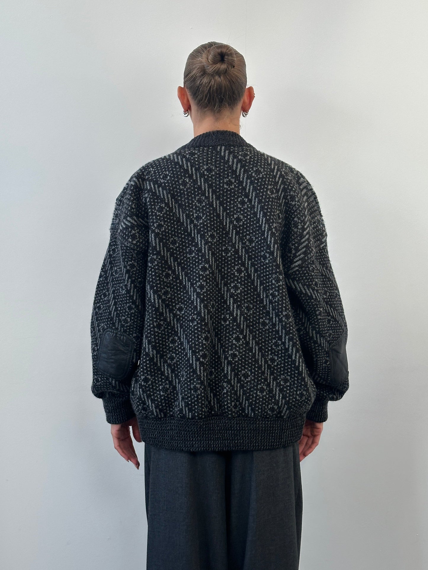 Vintage 1980s Wool Print Knit Bomber Jacket - XL