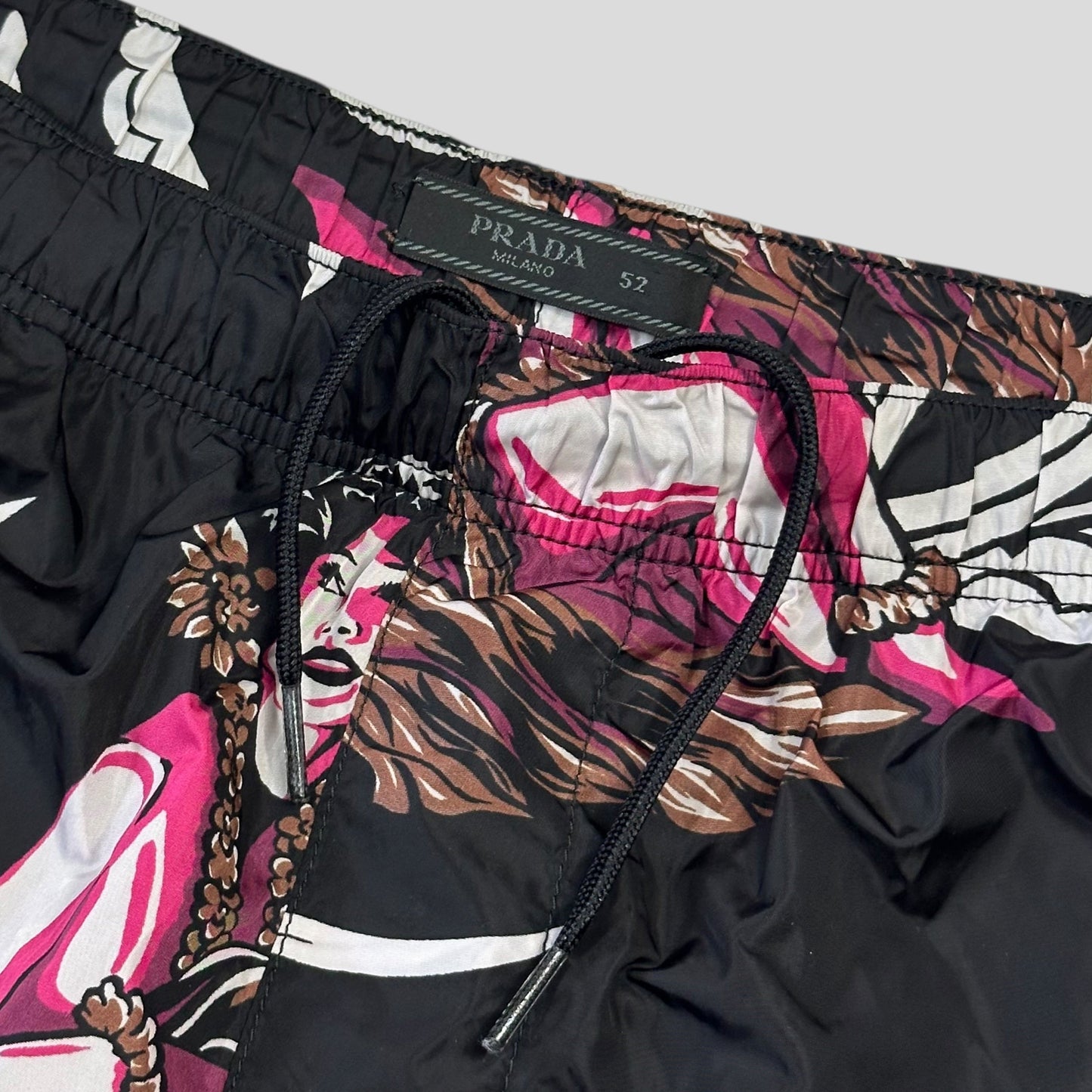 Prada Milano 2018 Hawaii Hula Girl Print Triangle Logo Board Shorts - IT52 | Default Title, Black