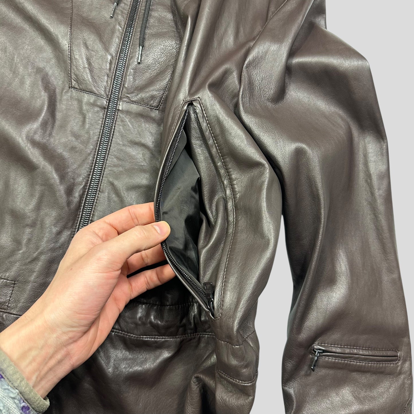 Prada Milano 00’s Nappa Leather Stash Pocket Hooded Jacket - L | Default Title, Brown