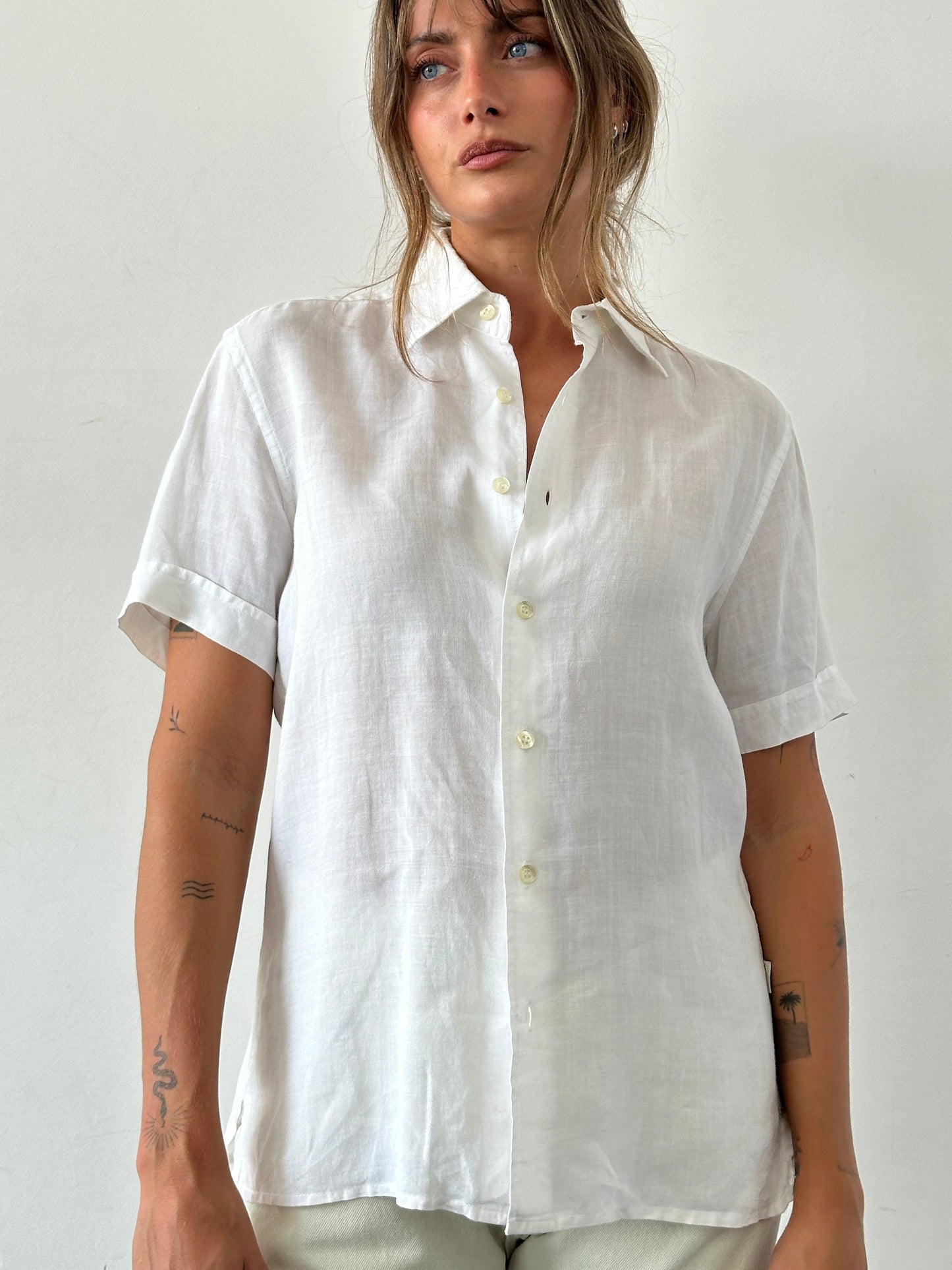 Guess Pure Linen Sheer Short Sleeve Shirt - M