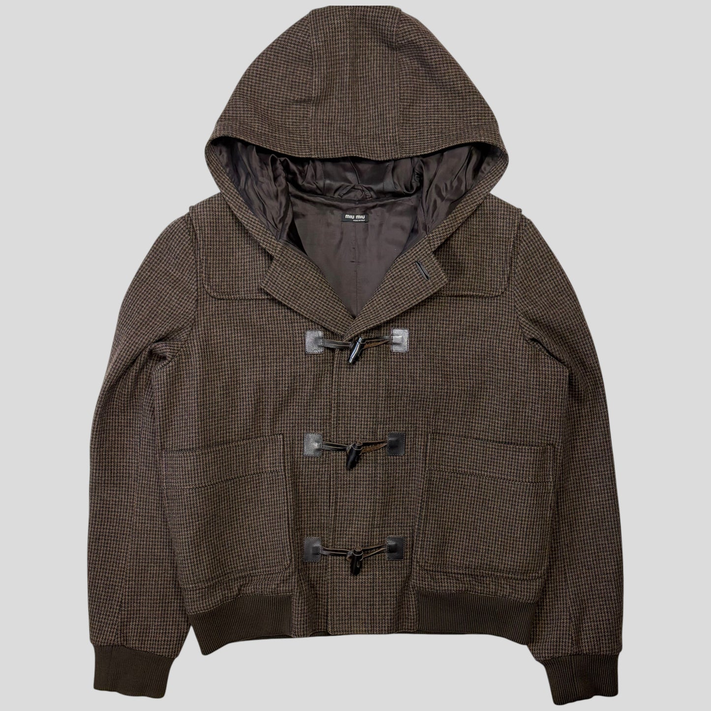 Miu Miu 00’s Herringbone Wool Cropped Duffle Toggle Jacket - IT52 | O/S, Charcoal Brown