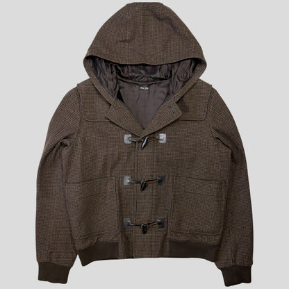 Miu Miu 00’s Herringbone Wool Cropped Duffle Toggle Jacket - IT52 | O/S, Charcoal Brown