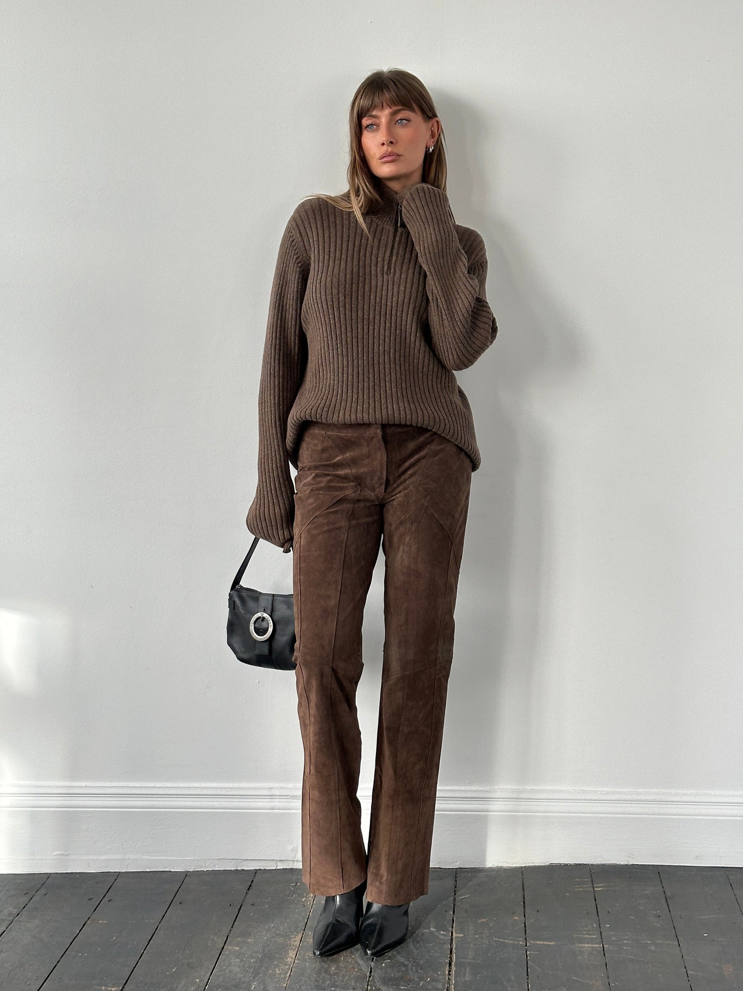 Vintage 1990s Suede Panelled Straight Leg Trousers - W32