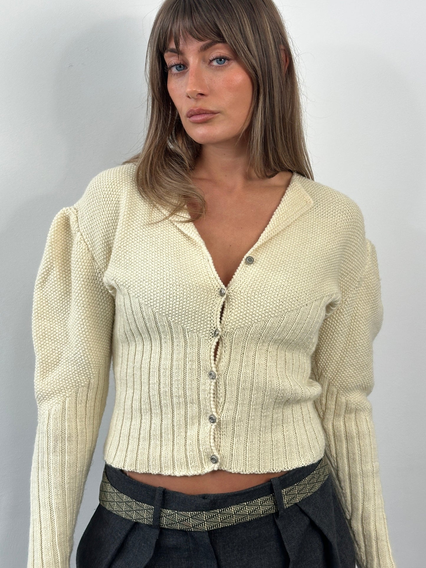 Vintage 1980s Wool Puff Sleeve Knitted Cardigan - S/M