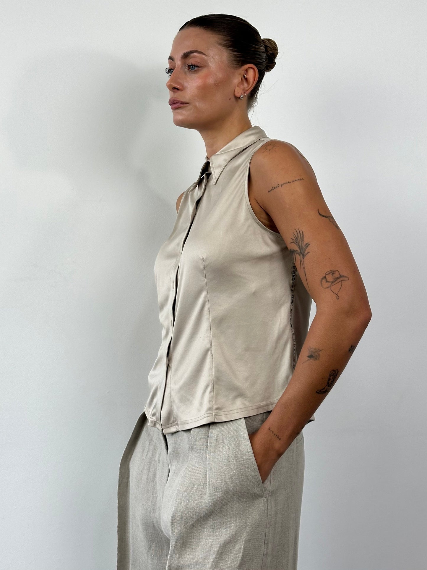 Fendi Sleeveless Satin Logo Shirt - M/L