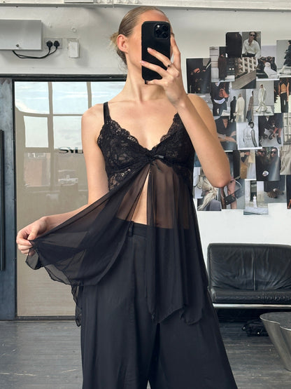 Vintage 1990s Sheer Lace Mesh Babydoll Top - S/M