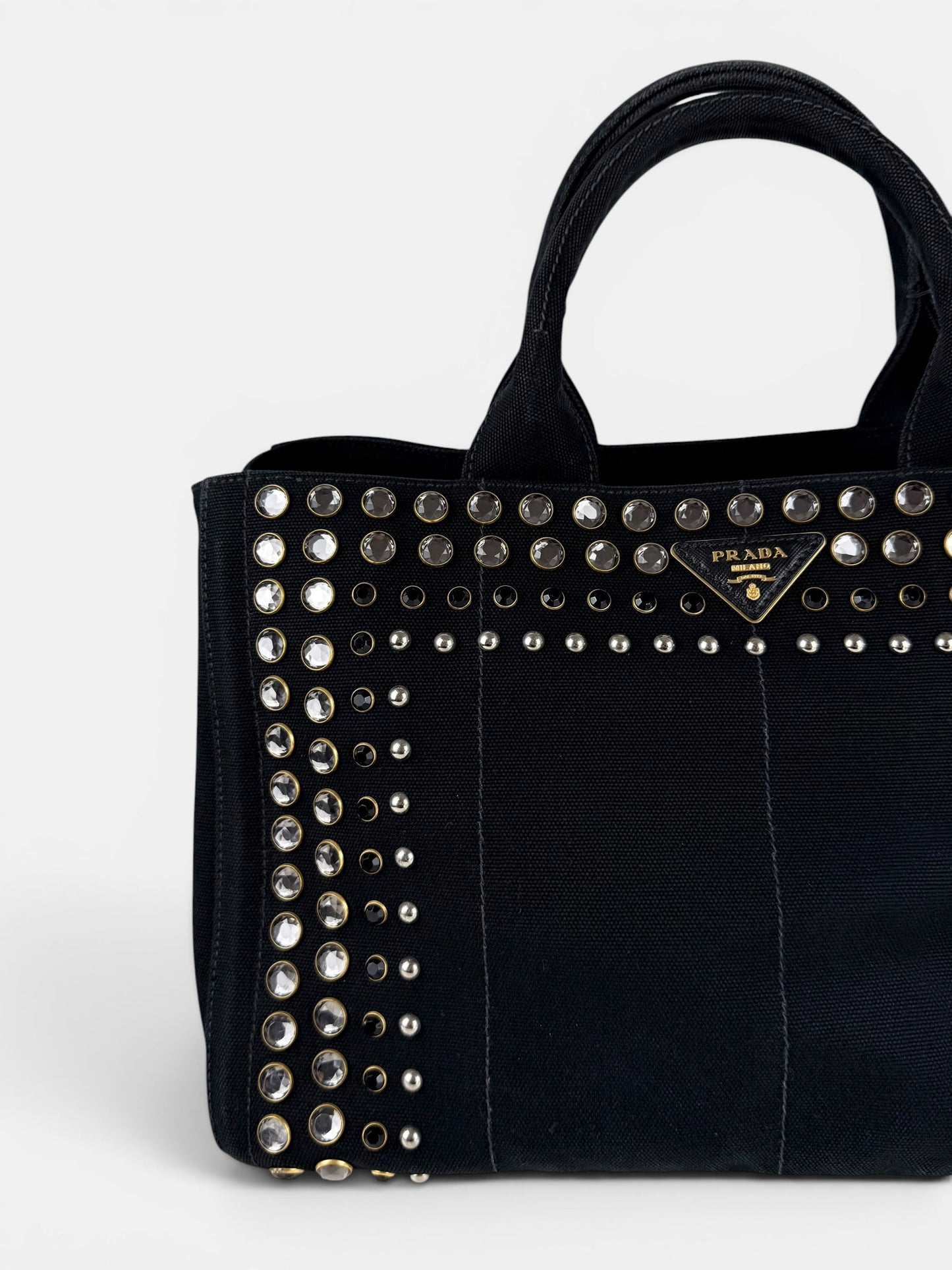 2000s Prada Black Canapa Studded 2-Way Handbag | O/S, Multicoloured